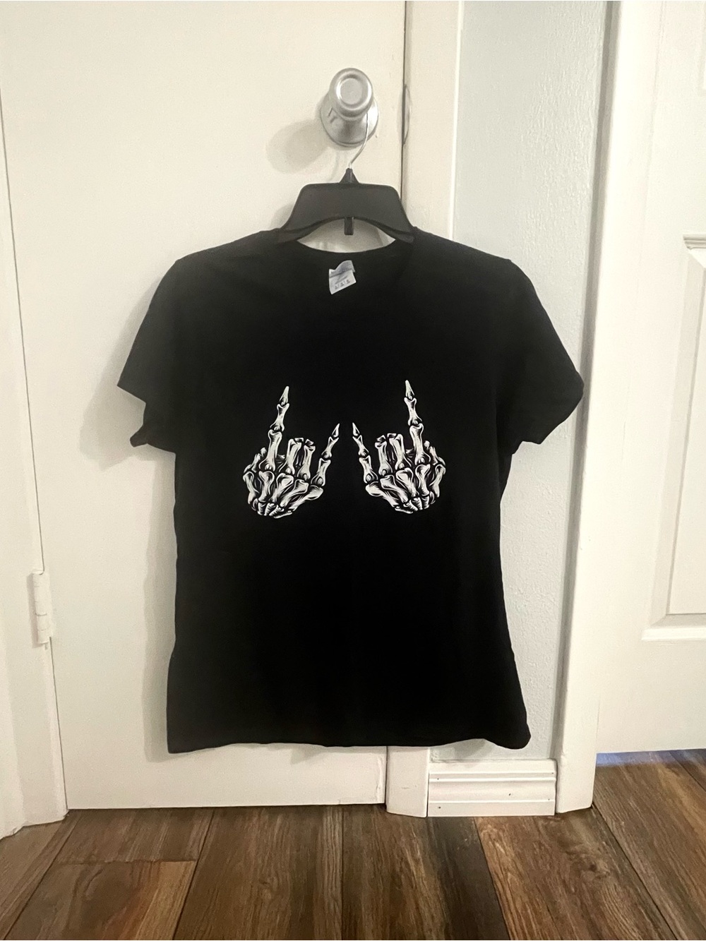 Black Graphic T-Shirt with White Skeleton Hands(Rock on) -Women’s Large
